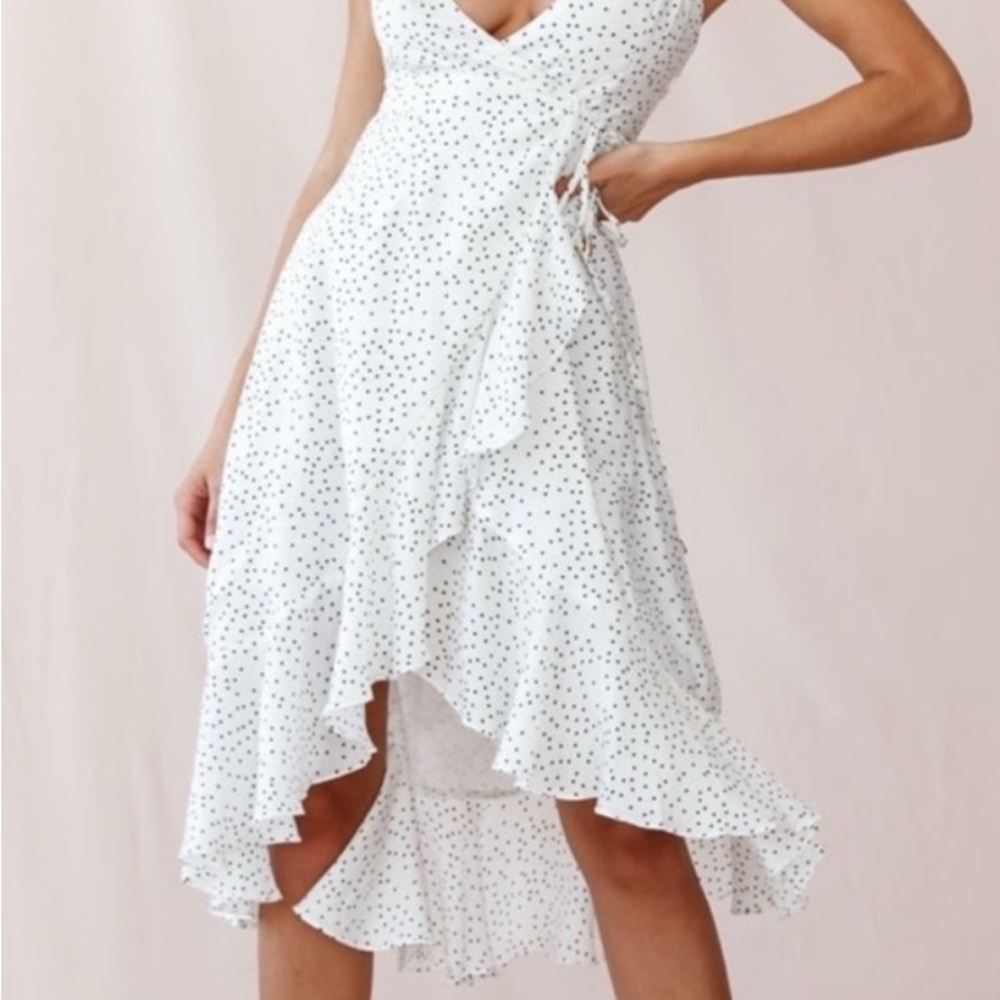 Blue Rain wrap around  White Polka Dot Dress small.
